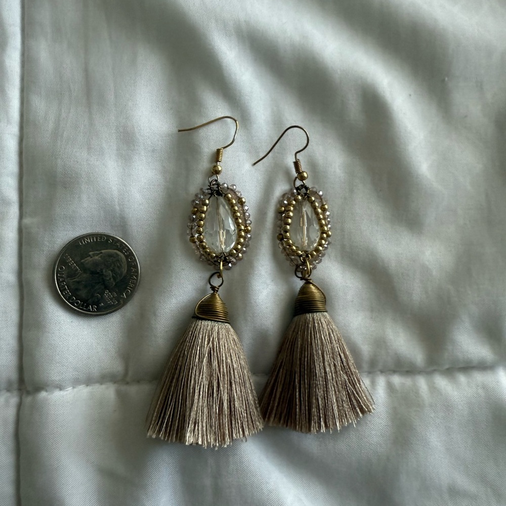 Handmade Beige Tassel Drop Earrings with Beaded Accent